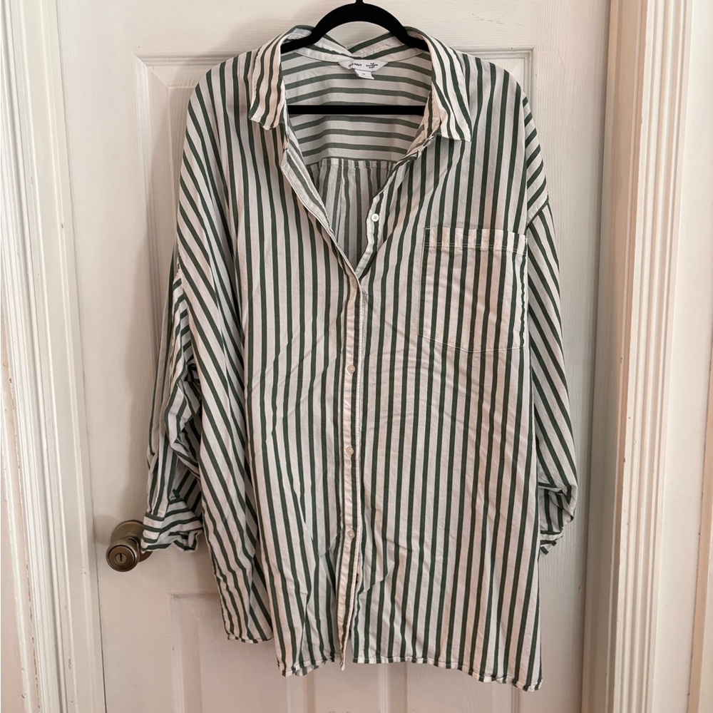 Striped Green and White Button-Up Shirt - Boyfriend Fit
